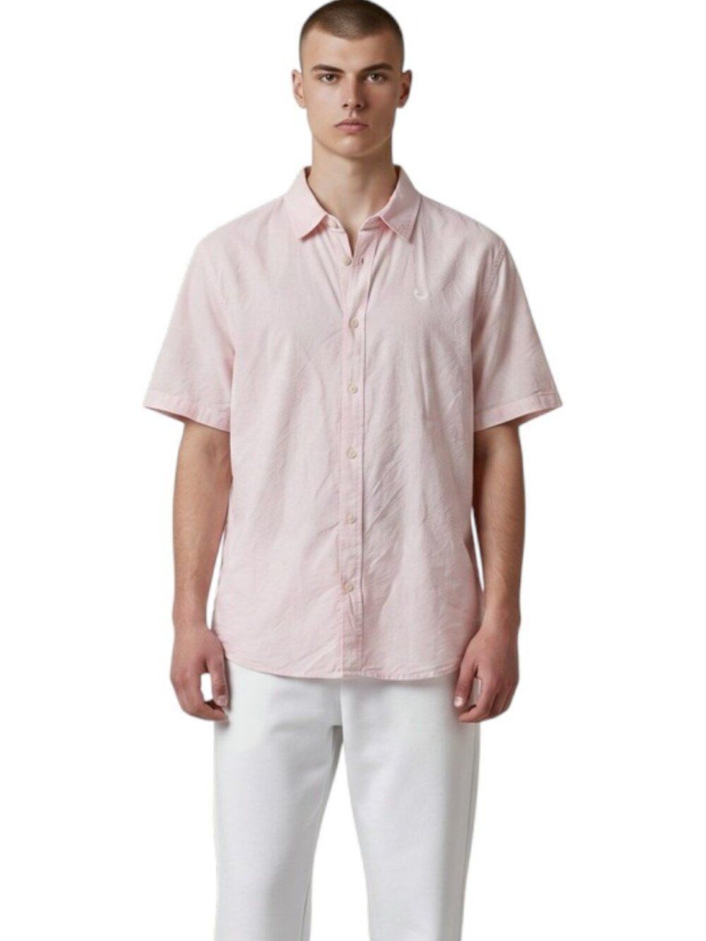 Old Khaki Mens Linen Cotton Short Sleeve Shirt Summer Pink Stripe Regular Medium